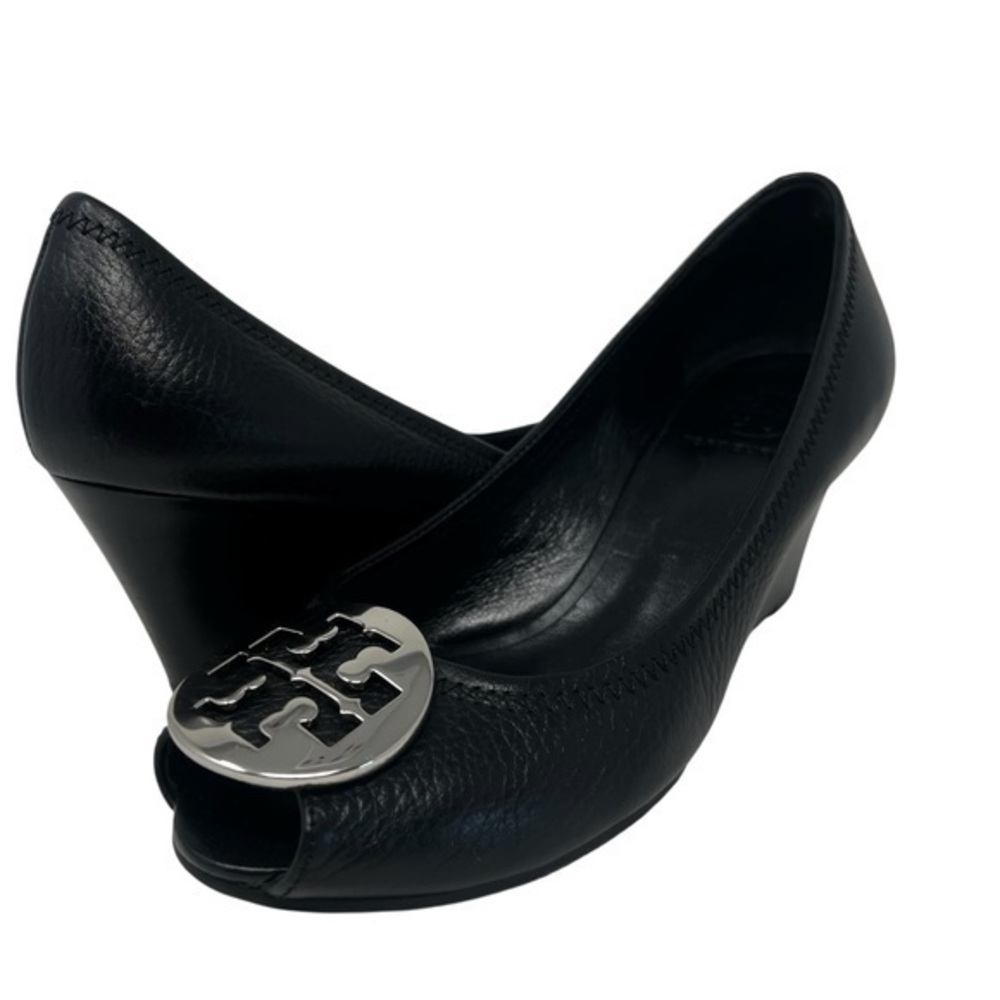 Tory Burch Black Leather Peep-Toe Wedge with Silver Logo